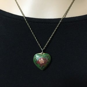 Vintage cloisonné heart shaped pendant on GF chain